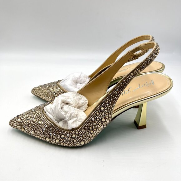 Betsey Johnson Size 6.5 Clark Gold Jewel Encrusted Slingback Heels Pumps‎ Shoes - Picture 6 of 13